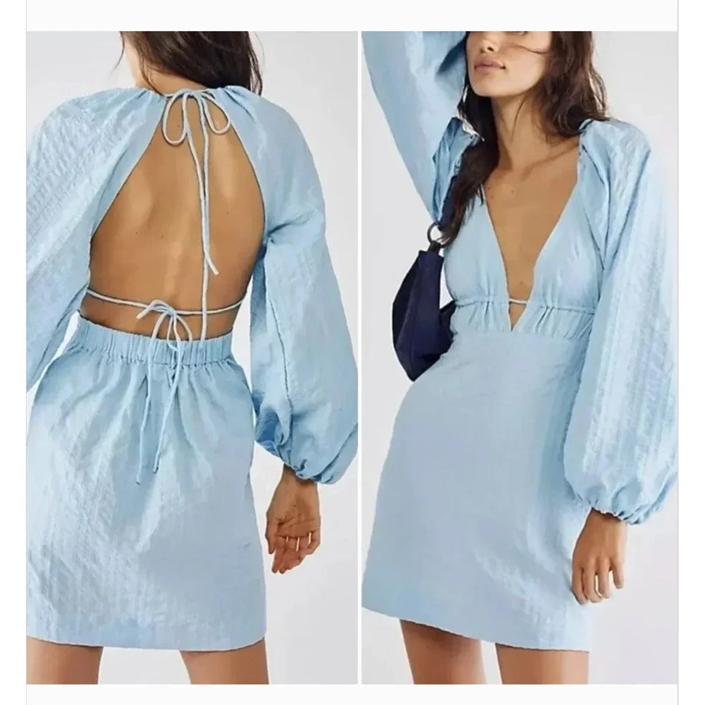 Free People Endless Summer Fine Lines Dress Womens XS Blue Long Sleeve Mini Boho